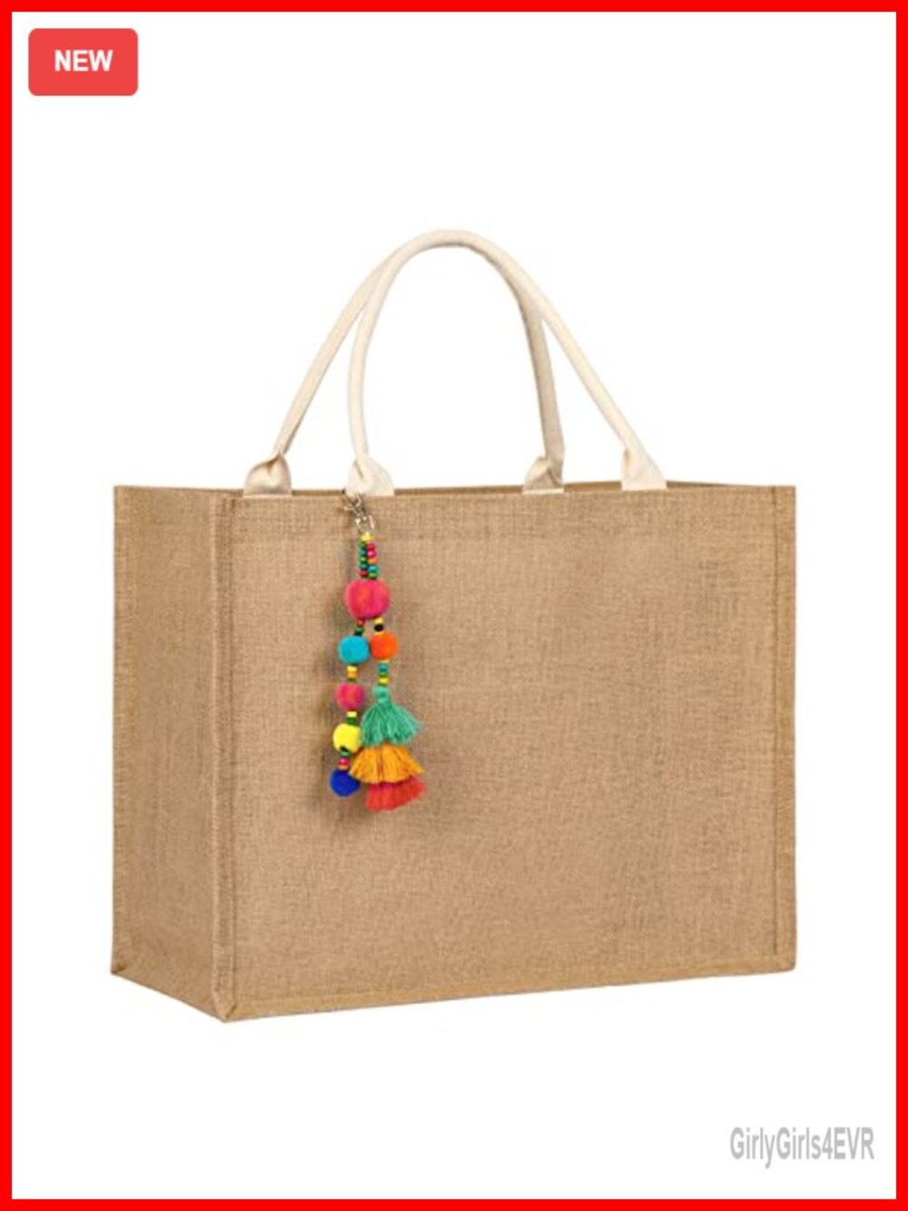 Large Woven Straw Beach Tote Bag with Tassels, Waterproof Jute